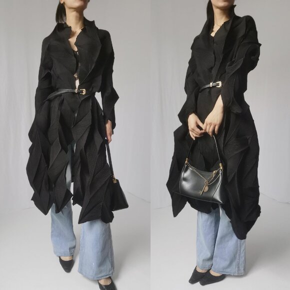 Issey Miyake pleats please black deconstructed duster robe trench coat - Picture 10 of 10
